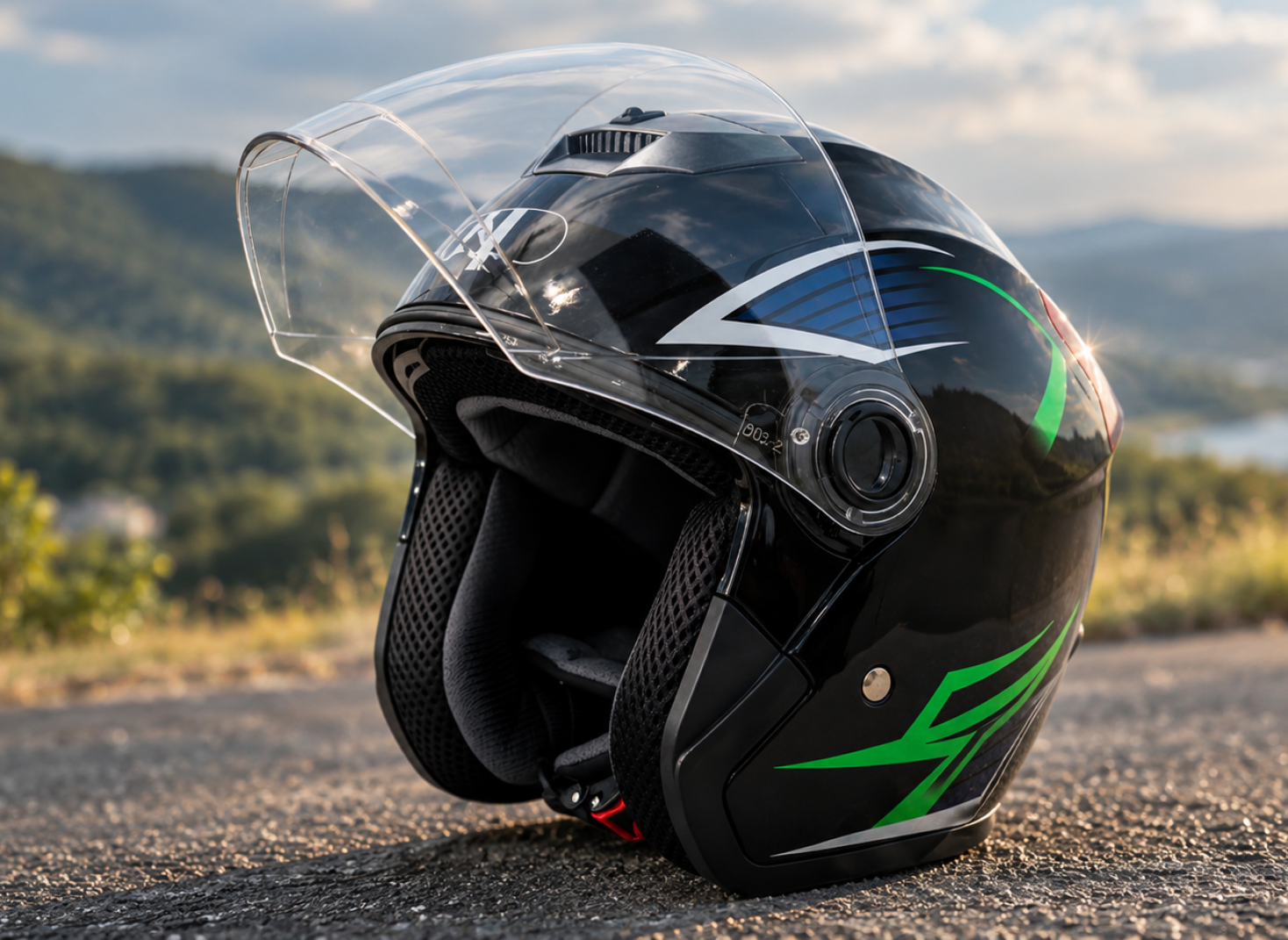 Casco de moto sobre paisaje escénico